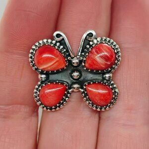 Southwest Sterling Silver Orange Spiny Oyster Shell Butterfly Ring Size 7